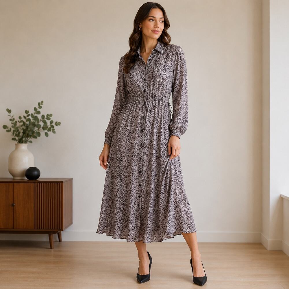 Vintage Neiman Marcus Silk Midi Shirt Dress Pink Black 8
